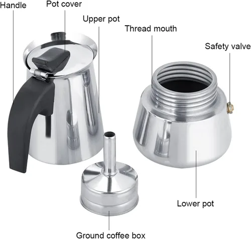 Miniatura 4 de Cafetera eléctrica del percolador, olla de mesa de café espresso de fondo ancho de acero inoxidable (3.4 fl oz)