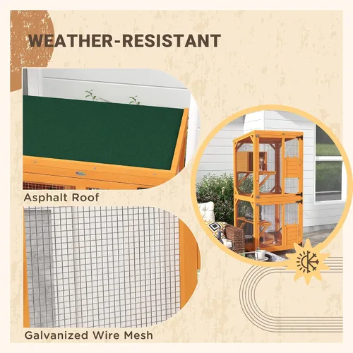 Miniatura 7 de Casa grande para gatos con caja de descanso alta, catio de madera de 71 pulgadas con techo de asfalto, recinto para gatos en interiores y exteriores