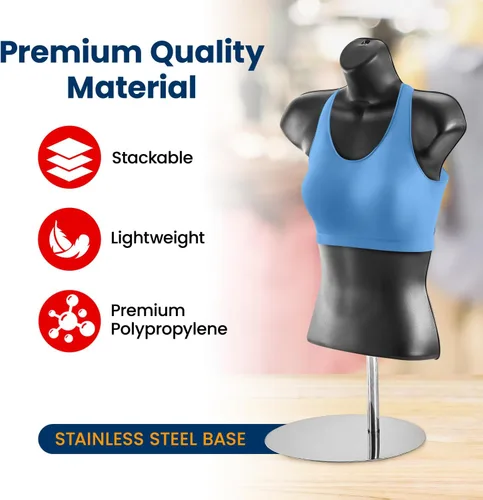 Miniatura 5 de Torso de maniquí femenino negro con soporte de metal, espalda hueca, forma de vestido apilable para exhibición de camisetas, encimeras, espectáculos