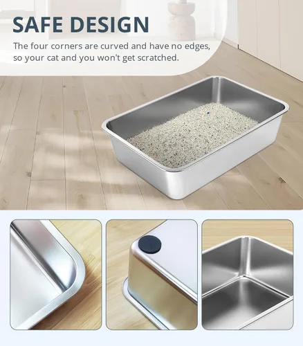 Miniatura 4 de WENBOKMIN Caja de arena para gatos de acero inoxidable, caja de arena poco profunda de 4 pulgadas para gatos y gatitos mayores, bandeja de arena