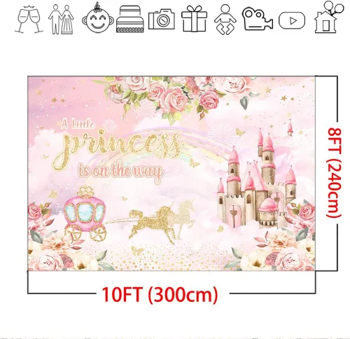 Miniatura 4 de Mocsicka Telón de fondo de princesa para baby shower, decoración de carruaje de castillo floral para niña, castillo rosa, una pequeña princesa está