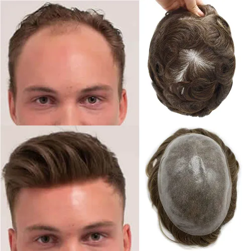 Miniatura 22 de Toupee para hombres PAPY Mens Toupee Europea Remy Cabello Humano 0.12MM PU Sistemas de Cabello Para Hombres Durable Sistema de Reemplazo de Cabello