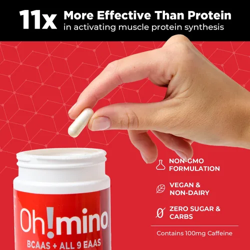 Miniatura 2 de Oh!mino Ohmino - Suplemento de aminoácidos esenciales, cápsulas con cafeína, los 9 EAA, BCAA, el aminoácido perfecto para entrenamientos, energía