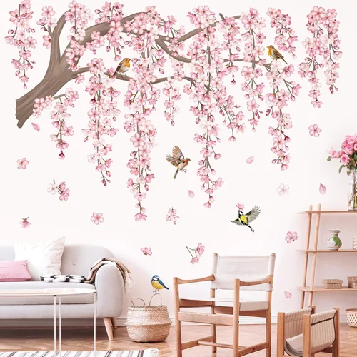 Miniatura 3 de decalmile Calcomanías de Pared Grandes de Rama de Árbol de Flores Rosadas Cerezo en Flor Árbol Floral Pájaros Pegatinas de Pared Sala de Estar