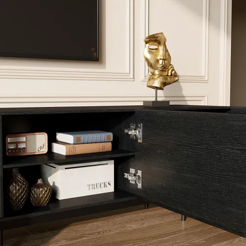 Miniatura 4 de Soporte de TV moderno de mediados de siglo, consola negra de 94.5 pulgadas para televisores de 65 a 85 pulgadas, 4 puertas de gabinete con 6