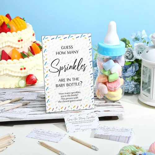 Miniatura 4 de Qilery 122 piezas de juegos de baby shower Adivina cuántos gránulos incluidos, letrero de pie, 100 tarjetas de adivinanza, 20 lápices, 1 biberón