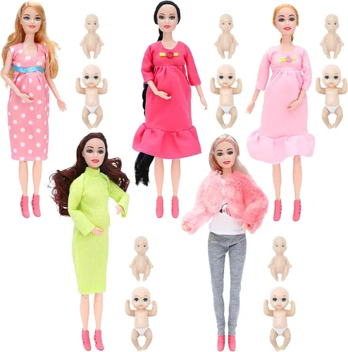 ONEST 5 juegos de muñecas embarazadas de 11.5 pulgadas, incluyen 5 muñecas embarazadas, 5 piezas de ropa de muñeca hecha a mano, 5 pares de zapatos