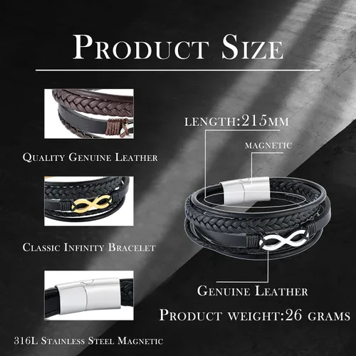 Miniatura 6 de Pulsera de cuero multicapa para hombre, 8.5 pulgadas, color negro o marrón, para hombre
