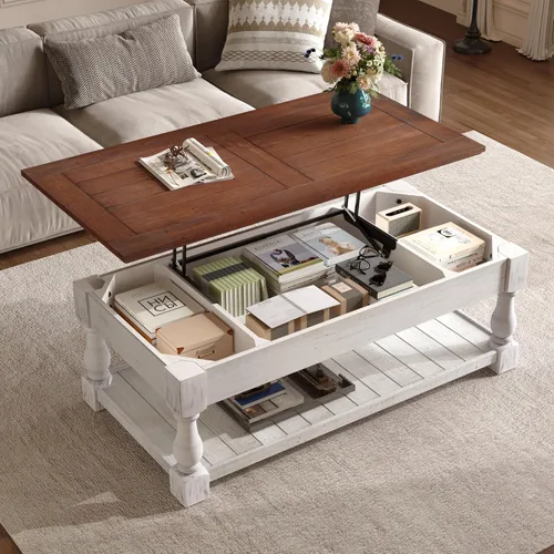 Miniatura 46 de 31.52" Square Lift Top Coffee Table with Storage, Natural Rattan & Hemp Rope, Adjustable Function, Vintage Farmhouse Center Table for Living Room