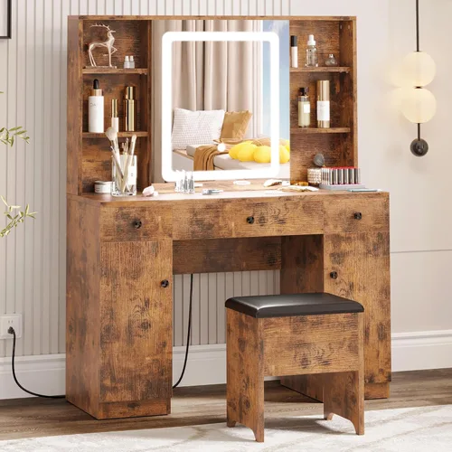 IRONCK Juego de escritorio de tocador con espejo grande con luz LED y toma de corriente, 7 cajones, tocadores, mesa de maquillaje con banco de