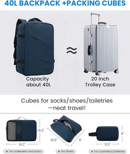 Miniatura 6 de LOVEVOOK Peersonal - Mochila de viaje extra grande de 40 L, bolsa de artículos Peersonal aprobada por vuelo, resistente al agua, mochila de 17 Azul