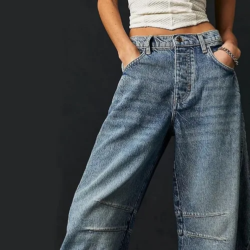 Miniatura 3 de Jeans de tiro medio para mujer, pierna ancha, cintura media, holgados, Y2K, estilo boyfriend, pantalones de mezclilla estilo harén, pantalones