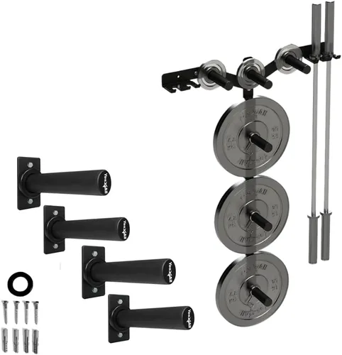 Miniatura 9 de Yes4All 6 clavijas y 4 estantes de almacenamiento de pesas que cargan hasta 1190 libras – soporte para árbol de pesas y barra montado en la pared