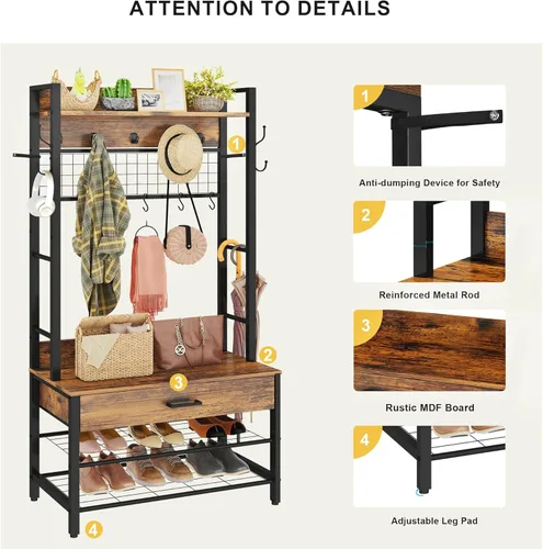 Miniatura 4 de DKLGG Árbol de pasillo con banco y almacenamiento de zapatos para entrada, perchero 5 en 1 con almacenamiento de zapatos, decoración de aspecto