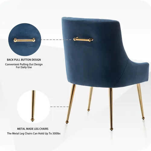 Miniatura 4 de Juego de 2 sillas de comedor, modernas sillas de comedor de terciopelo con patas doradas, elegantes sillas de acento acolchadas para recepción, sala