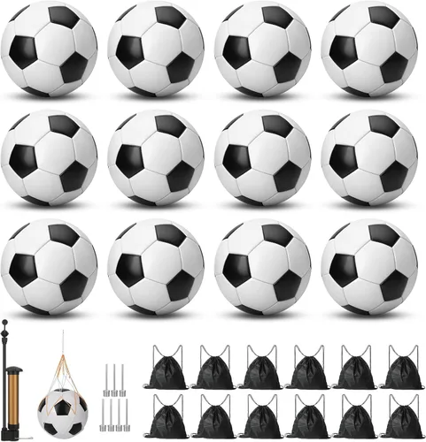 Paquete de 12 pelotas de fútbol clásicas en blanco y negro, con bomba de fútbol y bolsa de malla, mochila de fútbol clásica. Se puede utilizar como