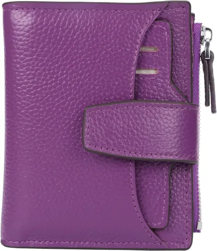 Miniatura 20 de Cartera de cuero con bloqueo RFID para mujer, pequeña, compacta, doble cremallera, con ventana para identificación