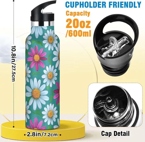 Miniatura 2 de Elegant Daisy Floral White Peach Leakproof and BPA Free Insulated Water Bottle with Handle Double-Wall Vacuum Insulation for Water, Milk, Juice