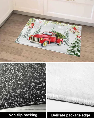Miniatura 5 de Alfombra de baño esponjosa para camión rojo, cardenal de Navidad, antideslizante, alfombra suave para piso, árbol de Navidad, conos de pino, nieve