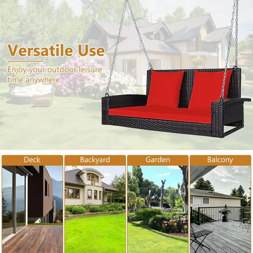 Miniatura 6 de DORTALA Columpio colgante para porche, banco de mimbre para 2 personas con cojines, cadenas de acero de 7.9 pies para jardín, patio, terraza y Negro