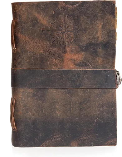 Miniatura 5 de cuero Diario de cuero vintage con brújula – Diario antiguo hecho a mano con cerradura de cuero encuadernado con papel de borde de cubierta