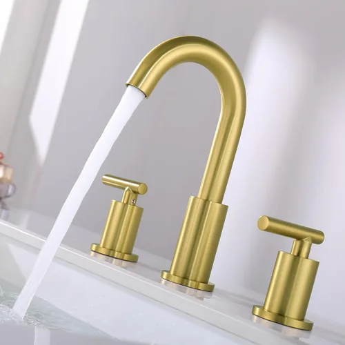Miniatura 6 de ChiLDano Grifo de baño de oro cepillado, grifo de lavabo de baño extendido de 8 pulgadas de 3 orificios con desagüe y manguera, grifo de baño dorado