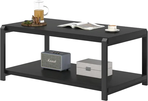 Miniatura 8 de EXCEFUR Mesa de café negra, mesa central moderna de madera rústica para sala de estar, mesa de té industrial rectangular de cóctel con estante