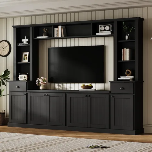 Merax Minimalist 103" Entertainment Wall Unit Set with Overhead Bridge for TVs Up to 75", Modern Large Media Console with Adjustable Shelves, Ample