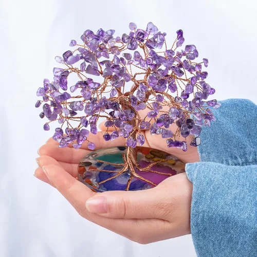 Miniatura 8 de ZenBless Árbol de 7 piedras curativas de chakra, hojas de amatista envueltas en alambre sobre base de rebanadas de ágata natural, decoración de Feng