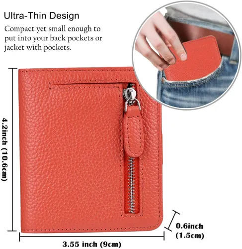 Miniatura 6 de Funtor Cartera de cuero para mujer, pequeña y compacta, con bolsillo doble, bloqueo RFID, para mujer