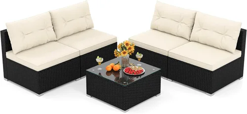 Miniatura 9 de Tangkula - Juego de sofá de ratán de 5 piezas, conjunto de muebles de mimbre para patio de Patiojoy con cojines de asiento y respaldo, mesa