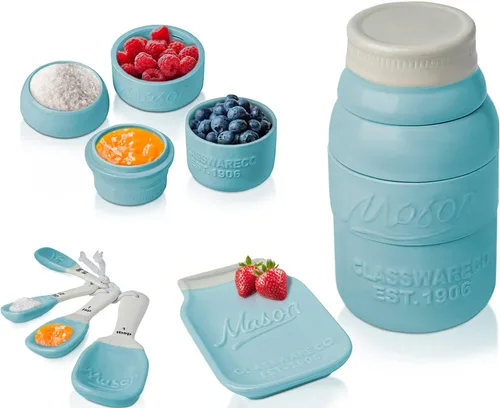 Comfify Juego de utensilios de cocina Mason Jar – Decoración de cerámica azul aguamarina con 4 tazas medidoras, 4 cucharas medidoras y soporte para