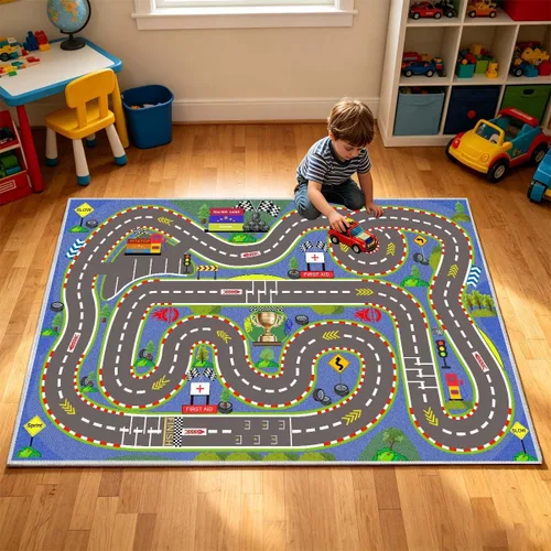 Alfombra para Niños, Alfombras de Tapete de Juego de Pista de Carreras 47×31 pulgadas, Alfombra para Niños con Respaldo de Goma, Línea de Salida y