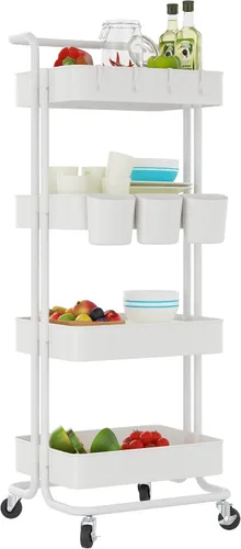 Devo Carrito con ruedas de 4 niveles, carrito de almacenamiento resistente, con asa, 4 ganchos laterales, 2 tazas de almacenamiento y ruedas con