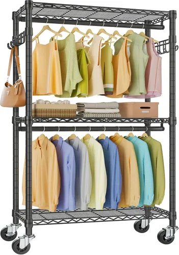 VIPEK R2 Perchero de ropa resistente para colgar ropa, estante de prendas rodante ajustable con barras dobles y ganchos, armario independiente para