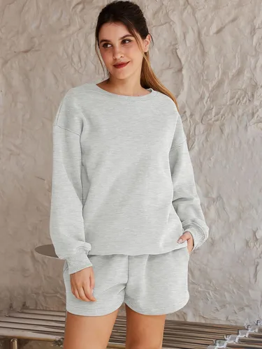 Miniatura 2 de AUTOMET Conjunto de 2 piezas para mujer, conjunto de descanso de dos piezas, conjunto de sudadera a juego, cómodo, conjunto corto, ropa de moda