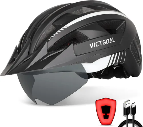 Miniatura 10 de VICTGOAL Casco de bicicleta con luz trasera recargable por USB, gafas magnéticas desmontables, visera solar extraíble, cascos de bicicleta