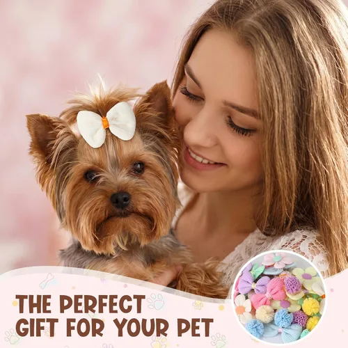 Miniatura 6 de Janinka 36 lazos para el pelo de perro con bandas de goma, lazos de flores de mariposa para perros pequeños y niñas, lindo lazo elástico de perlas