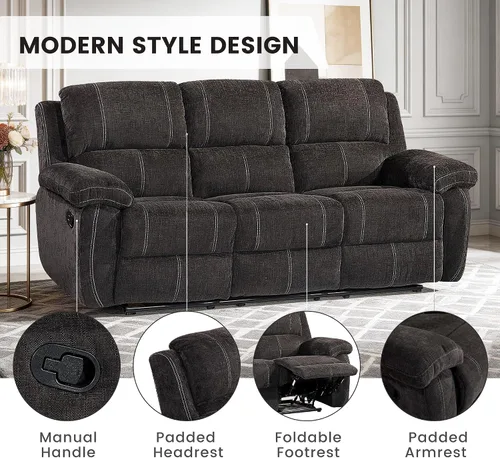 Miniatura 3 de Betsy Furniture Moderno juego de sofá reclinable de tela, sofá biplaza con consola, reclinable 8093 (negro, sofá + sofá biplaza) Breathable