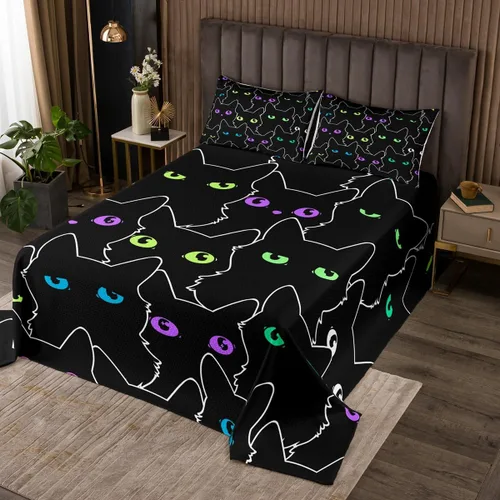 Miniatura 14 de Erosebridal Juego de colcha de gato rosa, tamaño individual para niñas, gris y negro, juego de ropa de cama para niños y niños, lindo juego