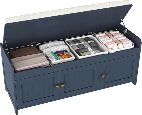 Miniatura 10 de HOMEFORT Banco para Zapatos de 30" con Almacenamiento de Tapa Elevable, Banco de Entrada con Asiento Acolchado, Banco de Madera para Pie de Cama