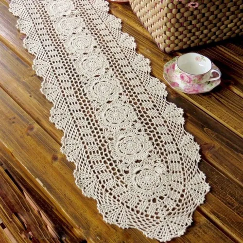 Miniatura 4 de Camino de mesa de encaje de ganchillo hecho a mano, de algodón, ovalado, tapete, tocador, bufanda, decoración, 12 x 24 pulgadas, beige