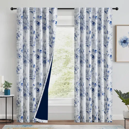 Miniatura 2 de Cortinas 100% opacas con patrón floral azul, 96 pulgadas de largo para dormitorio, estampado de hojas de acuarela, cortinas con aislamiento térmico