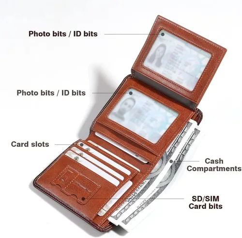 Miniatura 17 de Billetera de piel triple con bloqueo RFID para hombre con 2 ventanas de identificación, 2 compartimentos para efectivo, 6-8 ranuras para tarjetas