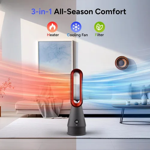 Miniatura 3 de Ventilador sin aspas Faryuan, ventilador de torre combinado de 25 pulgadas con calefacción, enfriamiento y filtro, oscilación de 80° con control