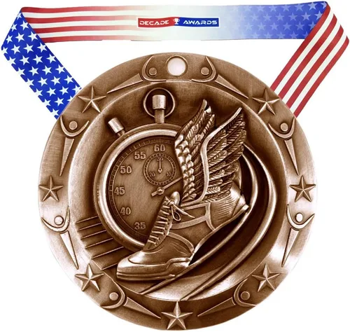 Decade Awards Medalla grabada Track World Class – Medallón de correr de 3 pulgadas de ancho con estrellas y rayas de bandera estadounidense con