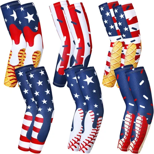 Shyyween 6 pares de mangas de brazo de béisbol de goteo de helado para jóvenes, protección solar cruzada, manga de compresión para brazo, bandera