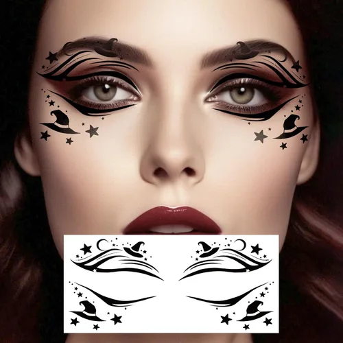 Miniatura 3 de 24 tatuajes temporales de cara de Halloween, diseños de pestañas superiores e inferiores, calcomanías falsas impermeables con motivos espeluznantes