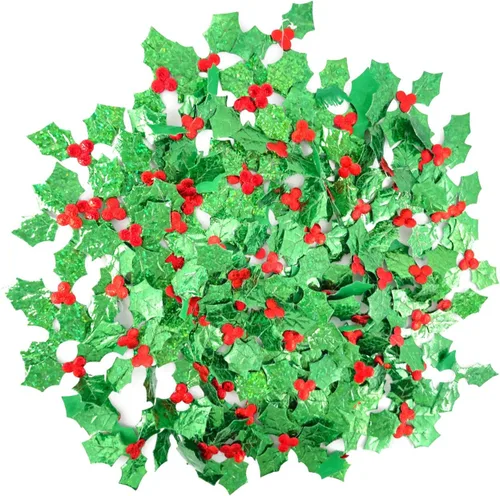 Honbay 100 piezas de hojas de acebo brillantes de Navidad, pequeñas hojas verdes de acebo y bayas rojas, apliques de confeti, adornos de tela láser