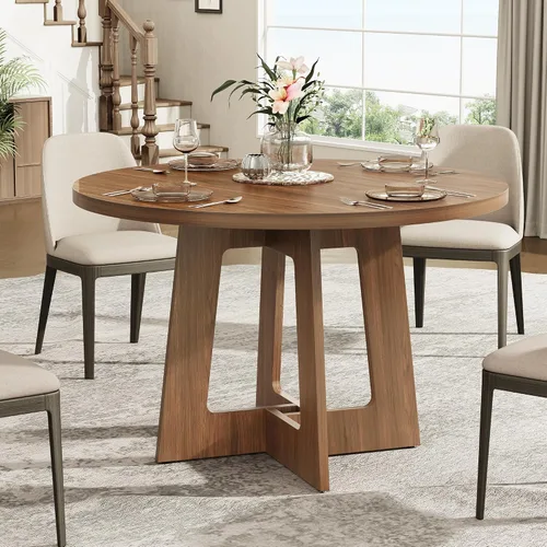 Miniatura 4 de Mesa de comedor redonda para 4, mesa de comedor de madera, mesa de cocina circular para el hogar, comedor, cocina, sala de estar (marrón nogal)